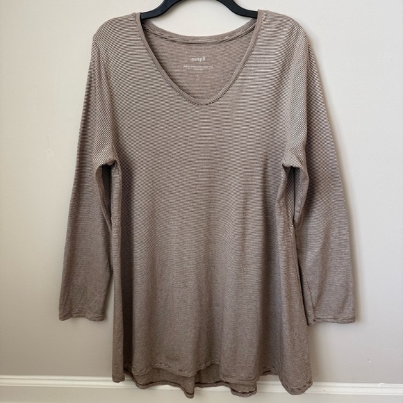 J.Jill Pure Jill Light Shirred Back Tunic Modal Blend Brown Stripe Capsule Sz L - Picture 1 of 7